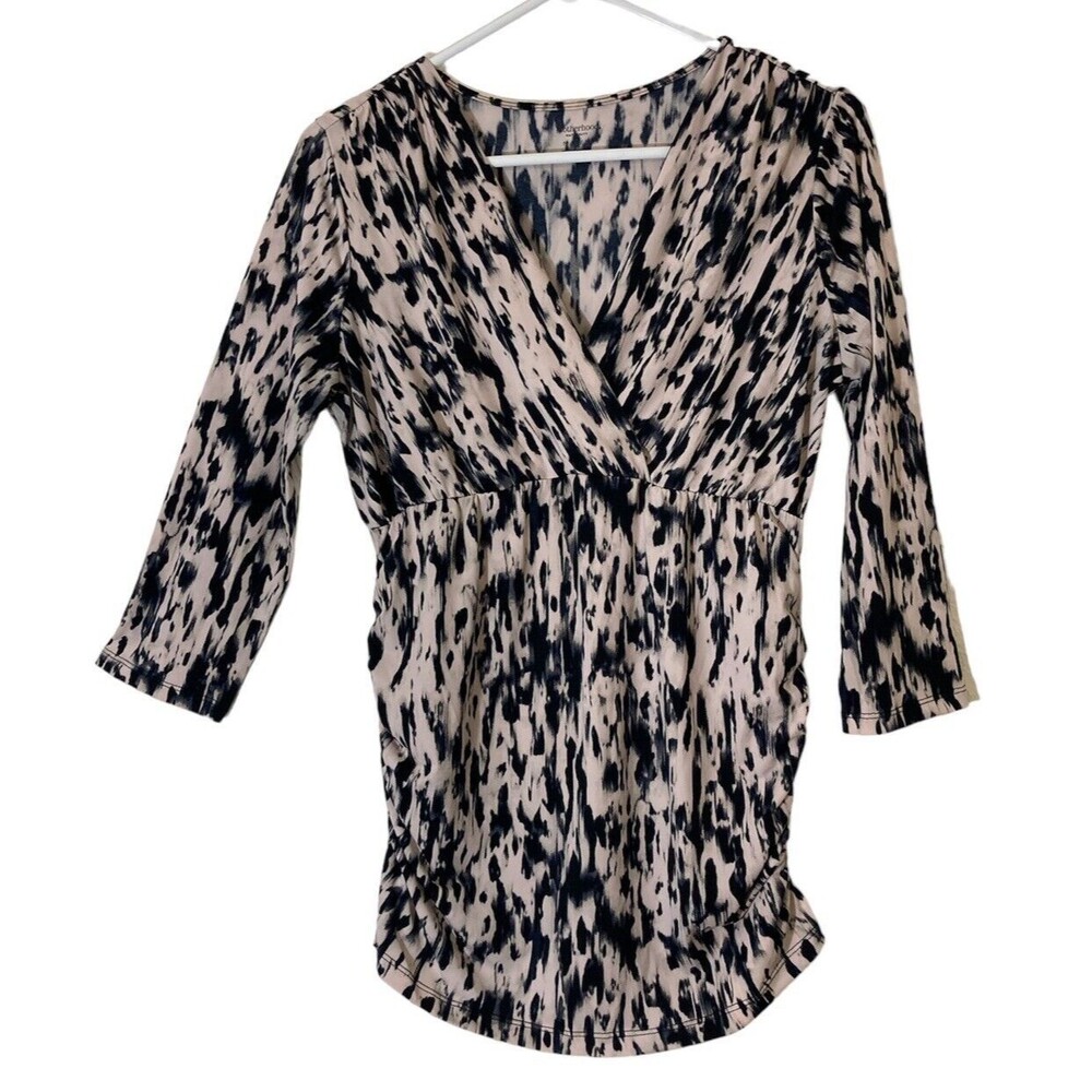 Motherhood Womens Maternity Top M Pullover Ruched V Neck 3/4 Sleeve Black Blush